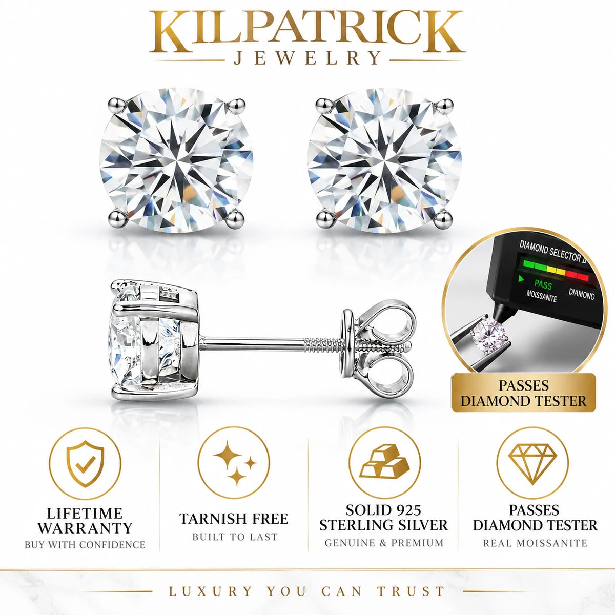 Moissanite Stud Earrings | D Color VVS | Solid 925 Sterling Silver | 4 Prong Screw Back