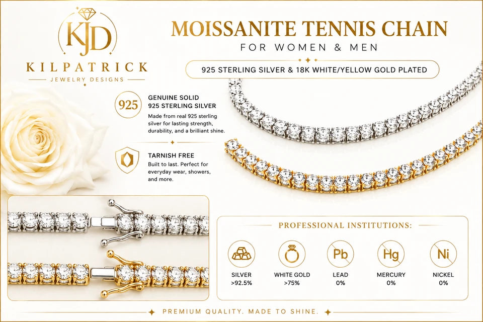 Moissanite Tennis Chain | Solid 925 Sterling Silver, 18K Gold Vermeil | D Color VVS