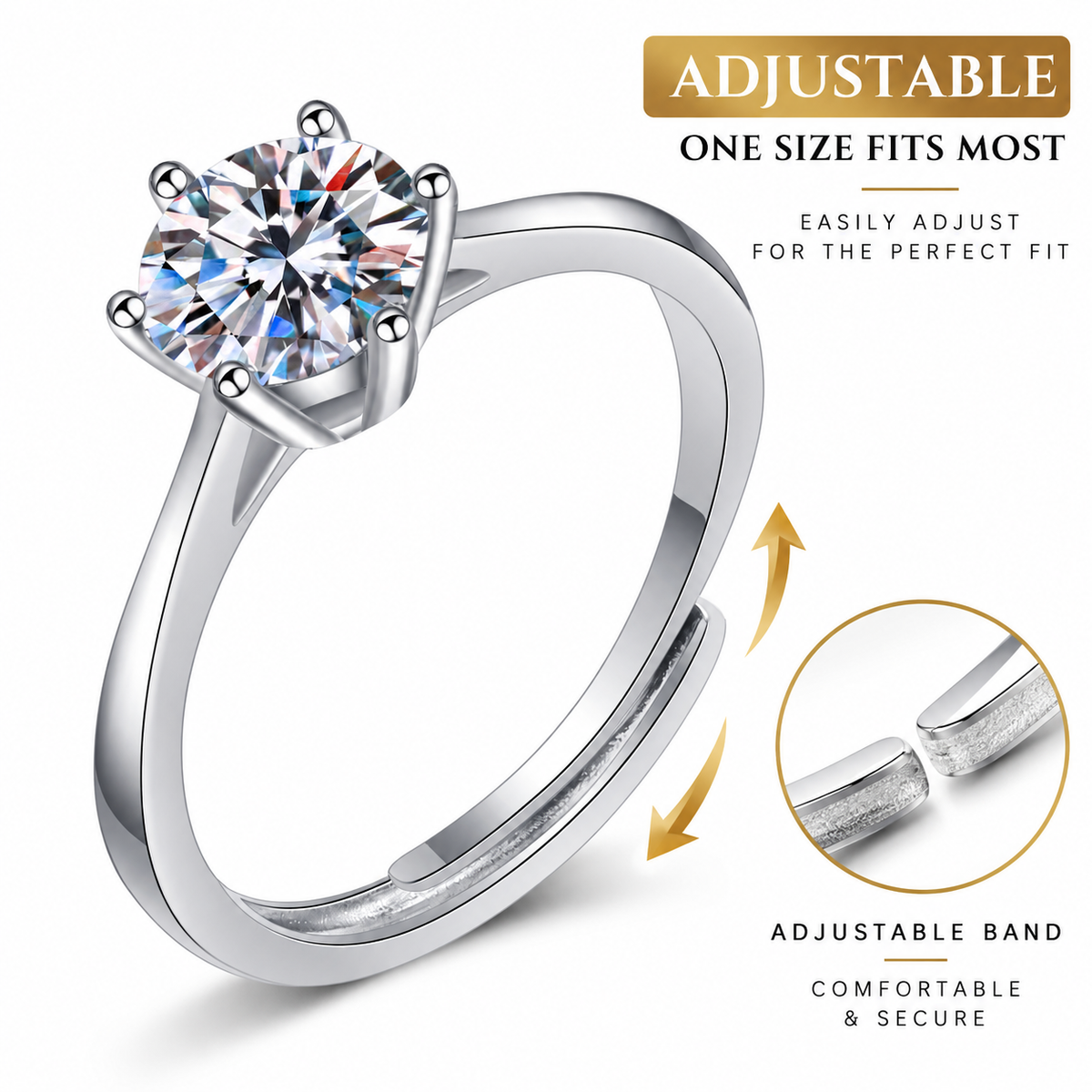 Adjustable Moissanite Solitaire Ring | D Color VVS | 925 Sterling Silver
