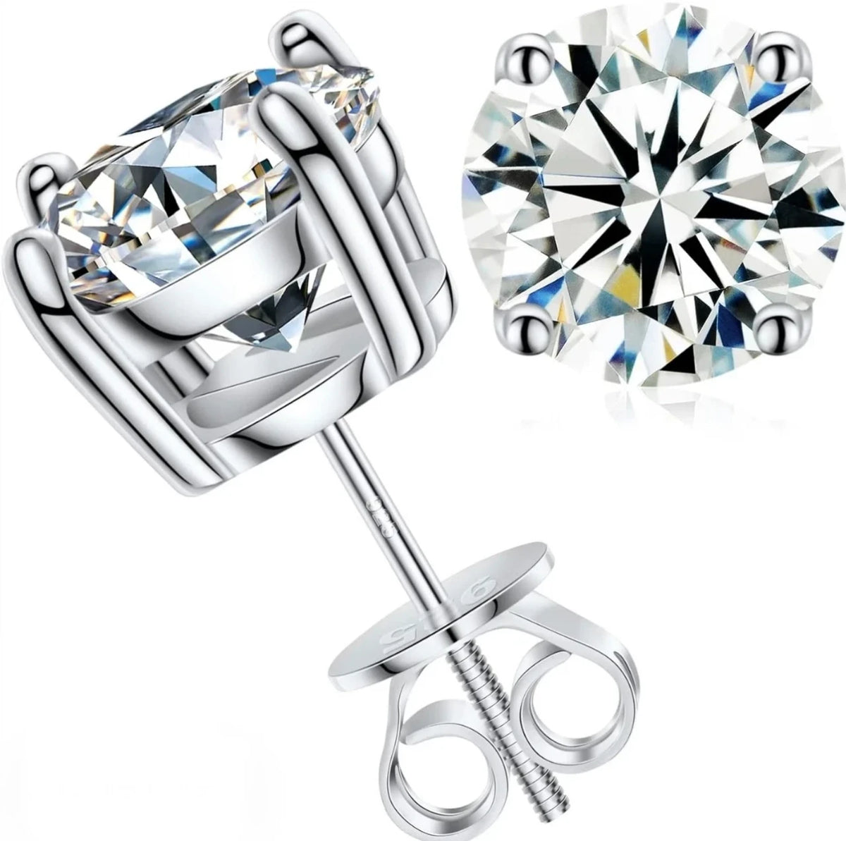 Moissanite Stud Earrings | D Color VVS | Solid 925 Sterling Silver | 4 Prong Screw Back