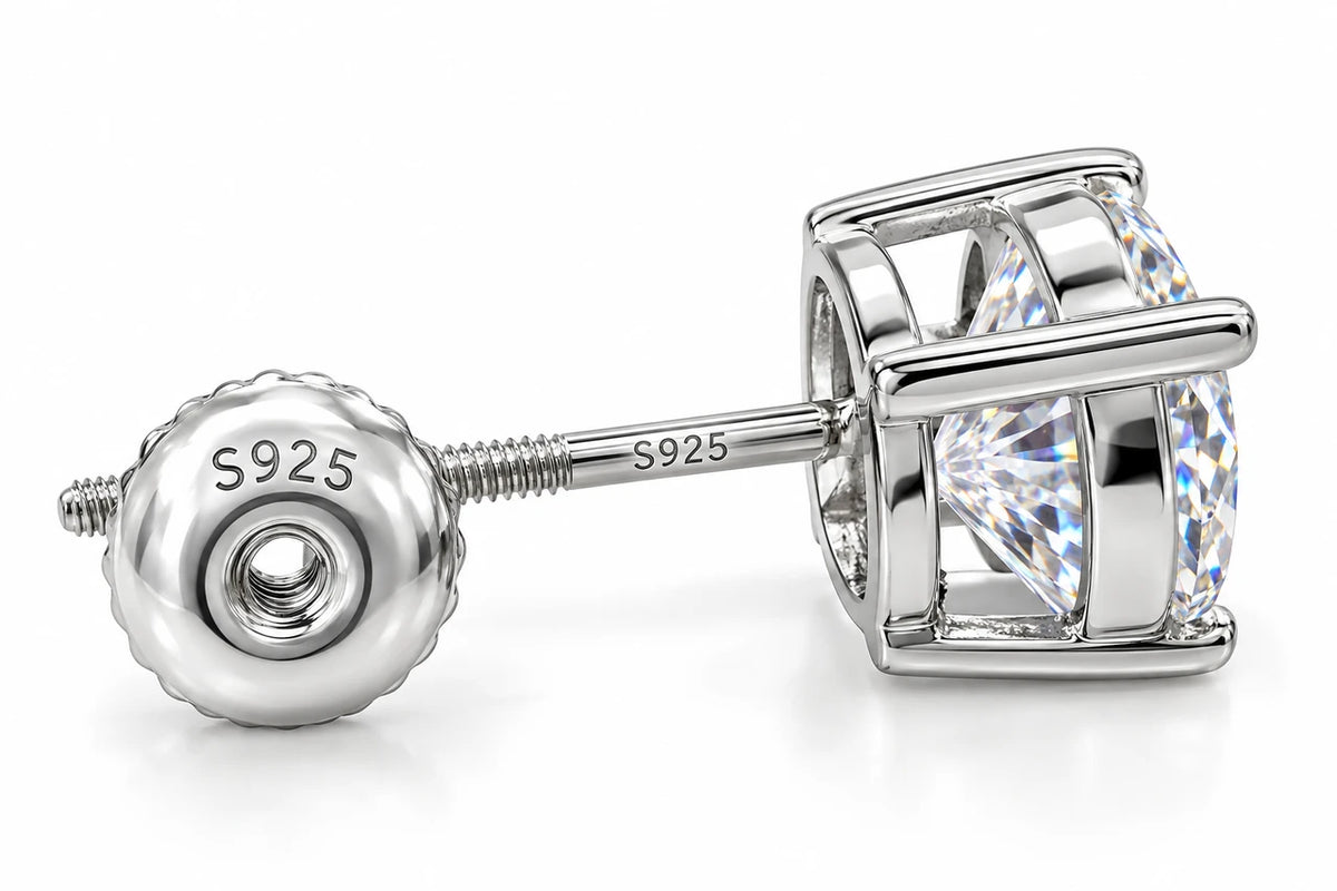 Moissanite Stud Earrings | D Color VVS | Solid 925 Sterling Silver | 4 Prong Screw Back